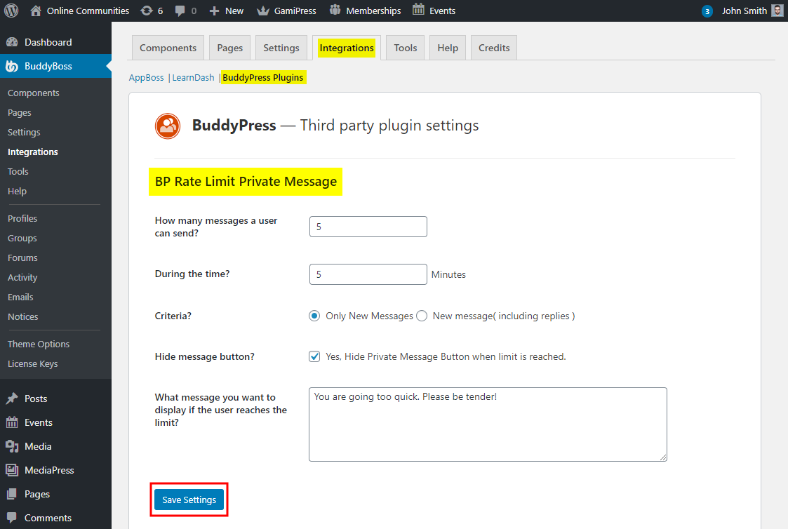 BuddyPress Private Message Rate Limiter   Setting up the plugin
