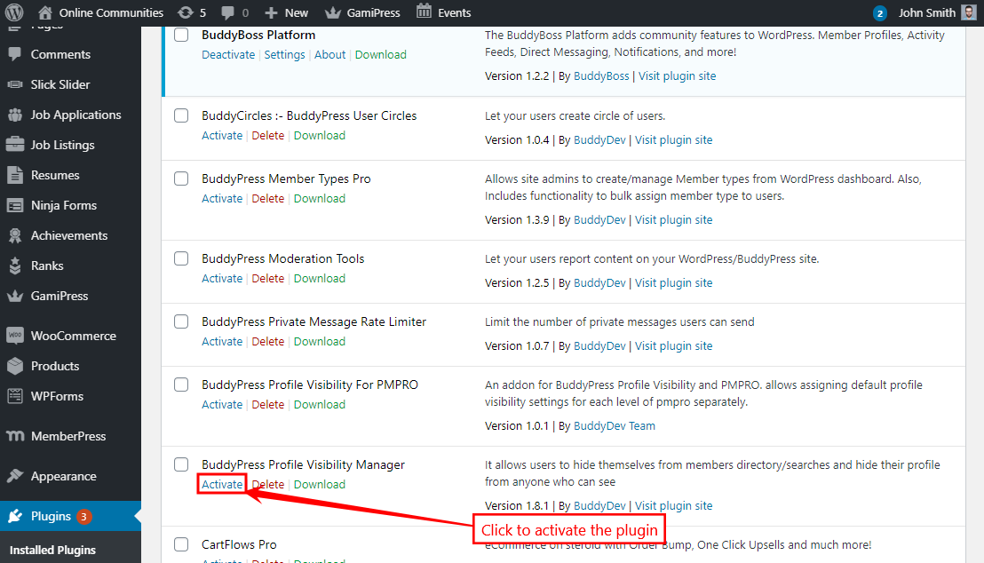 BuddyPress Profile Visibility Manager   Activating the plugin