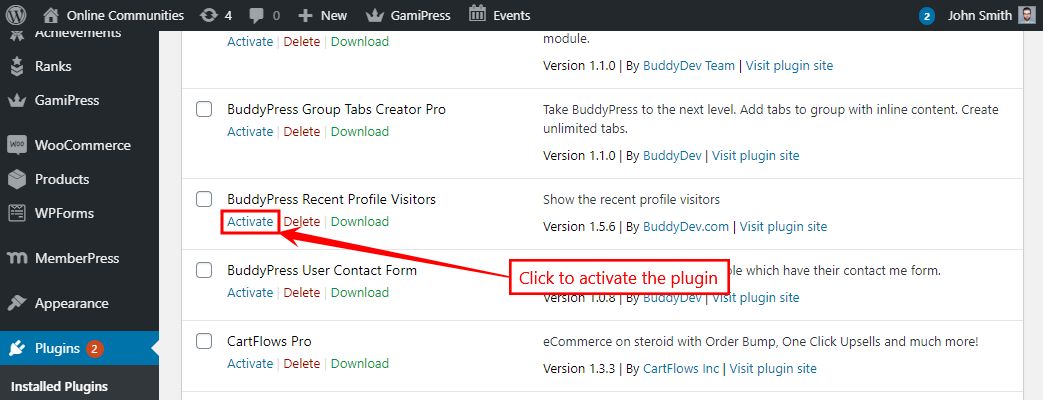 BuddyPress Recent Profile Visitors   Activating the plugin