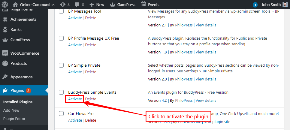 Buddypress Simple Events Activating The Plugin | BuddyBoss BuddyPress Simple Events Activating the plugin