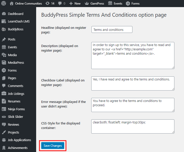 BuddyPress Simple Terms And Conditions   Setting up the plugin