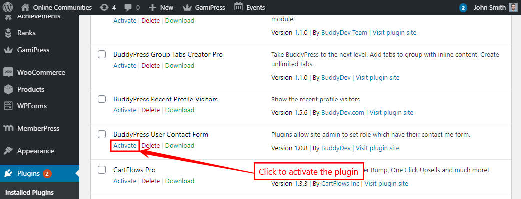 BuddyPress User Contact Form   Activating the plugin