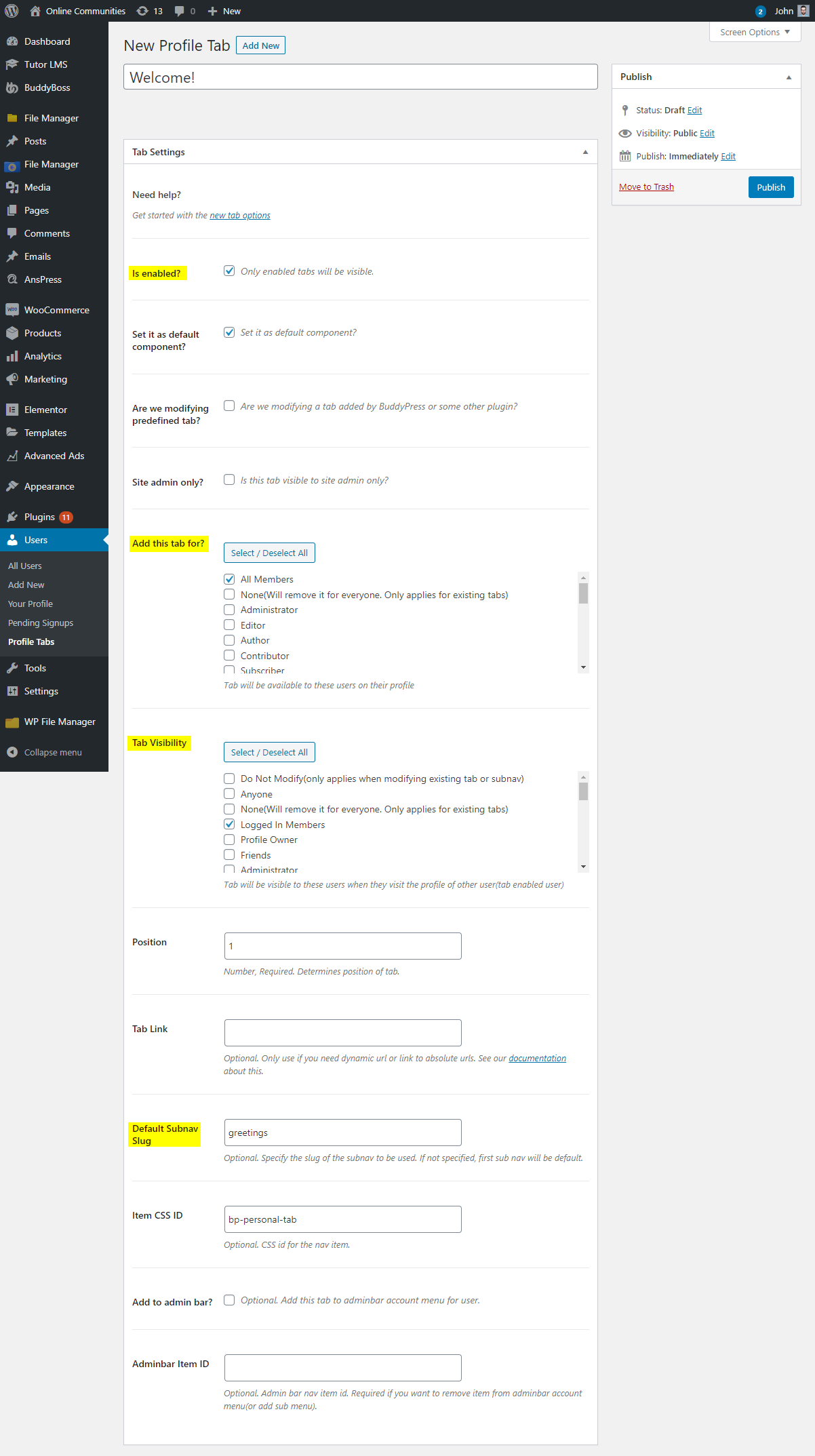 Buddypress User Profile Tabs Creator Pro Creating A New Tab | BuddyBoss BuddyPress User Profile Tabs Creator Pro Creating a new tab