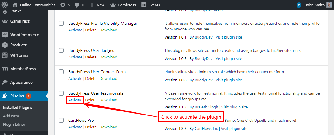 BuddyPress User Testimonials   Activating the plugin