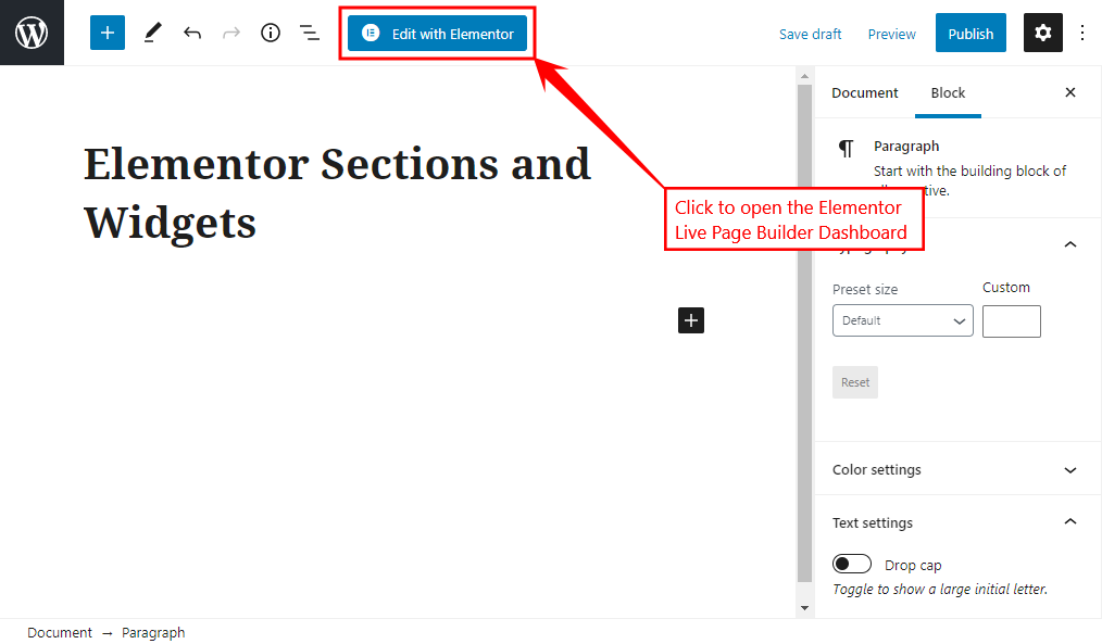 Elementor Sections and Widgets   Opening the Elementor Live Page Builder Dashboard