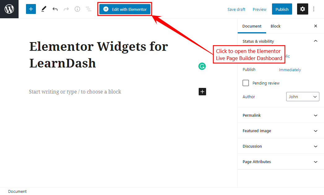 Elementor Widgets for LearnDash   Opening the Elementor Live Page Builder Dashboard