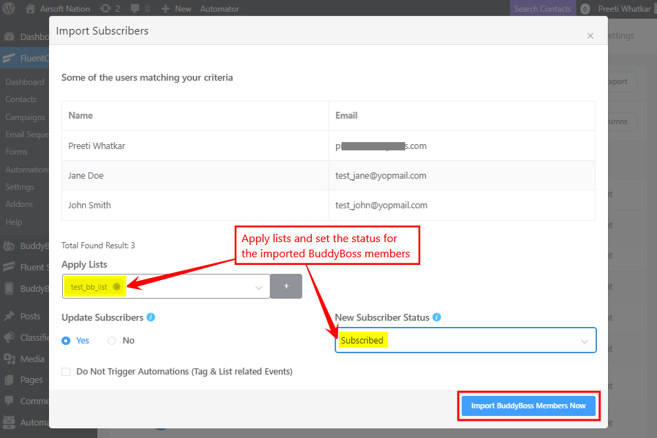 FluentCRM   Adding lists and status to imported members