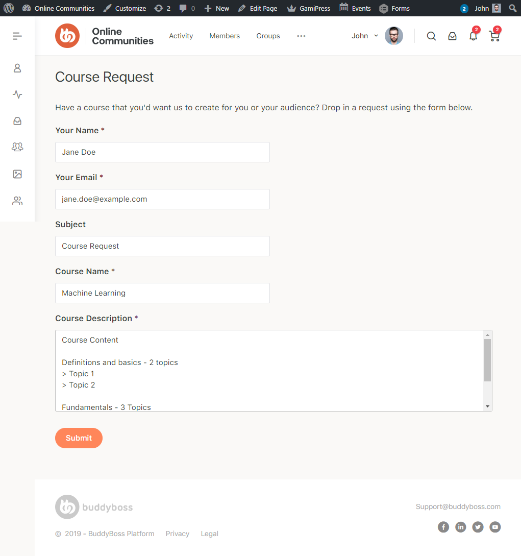 Gravity Forms Course Request Form Preview | BuddyBoss Gravity Forms Course Request Form Preview
