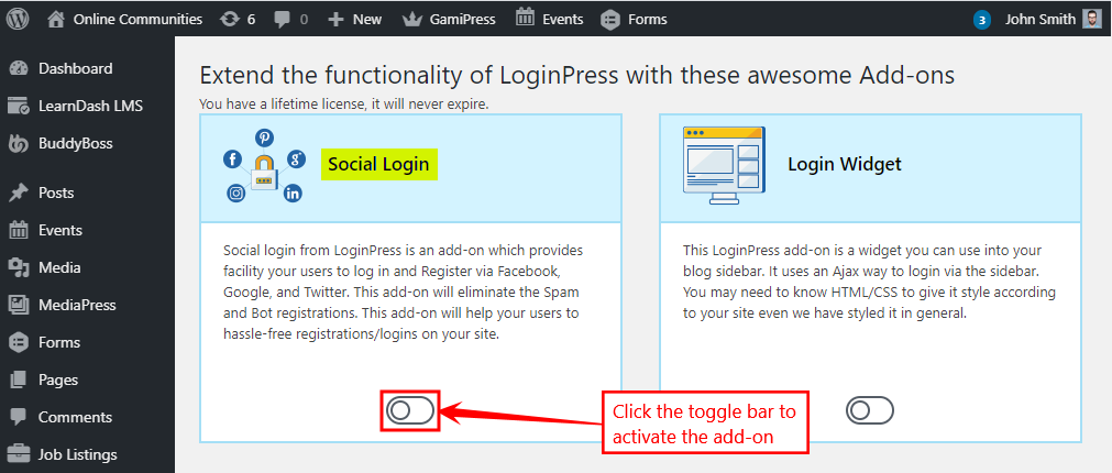 LoginPress Add ons   Activating an add on