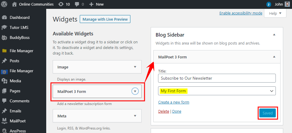 MailPoet   Adding the form in a widget