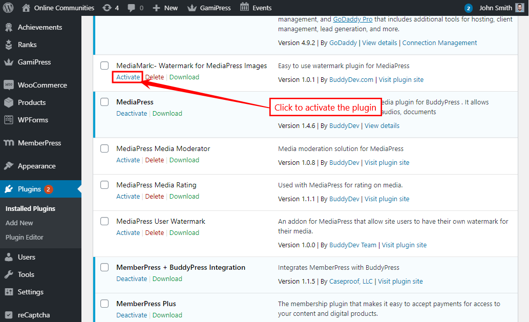 MediaMark   Activating the plugin