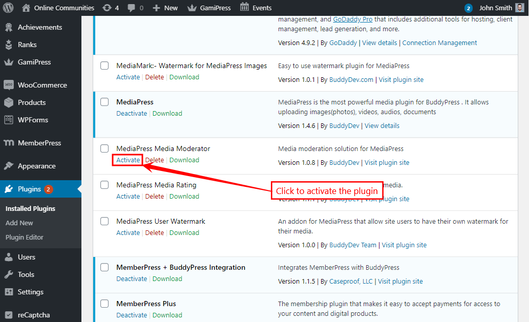 MediaPress Media Moderator   Activating the plugin