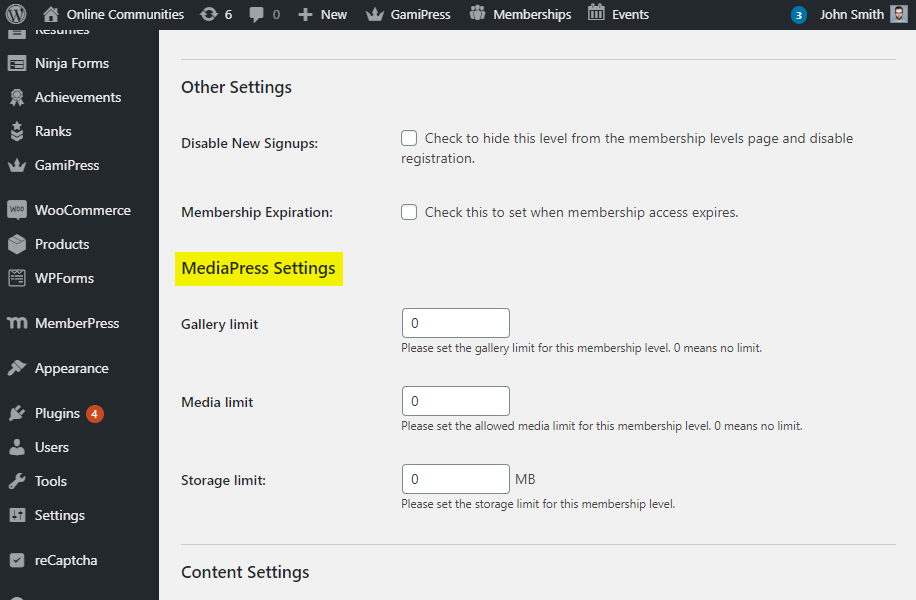 Mediapress Paid Memberships Pro Restrictions Mediapress Settings For A Membership Level | BuddyBoss MediaPress Paid Memberships Pro Restrictions MediaPress settings for a membership level
