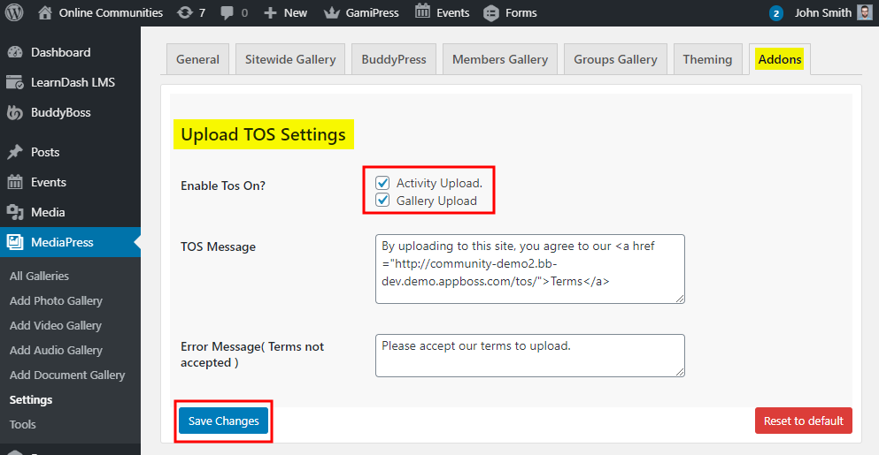 Mediapress Upload Terms Of Service Setting Up The Plugin | BuddyBoss MediaPress Upload Terms of Service Setting up the plugin