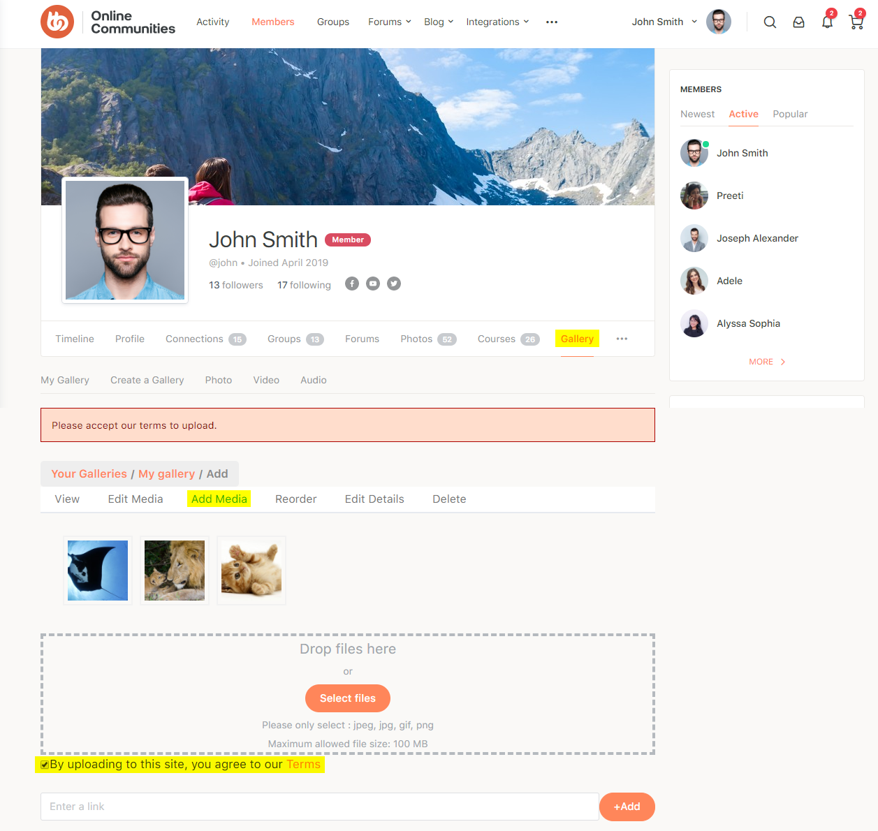 Mediapress Upload Terms Of Service Tos Preview On Gallery | BuddyBoss MediaPress Upload Terms of Service TOS preview on Gallery