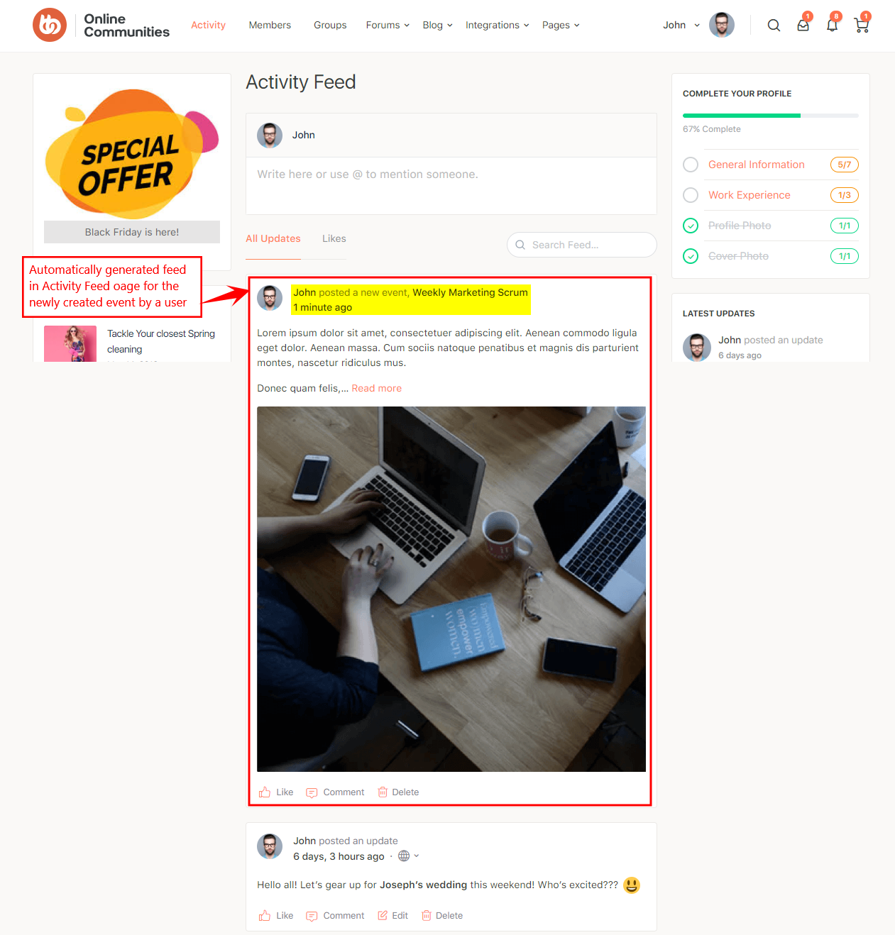Modern Events Calendar   Activity Feed preview for a newly posted event