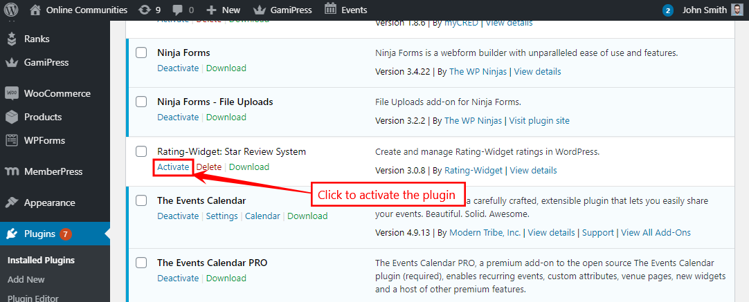 RatingWidget   Activating the plugin