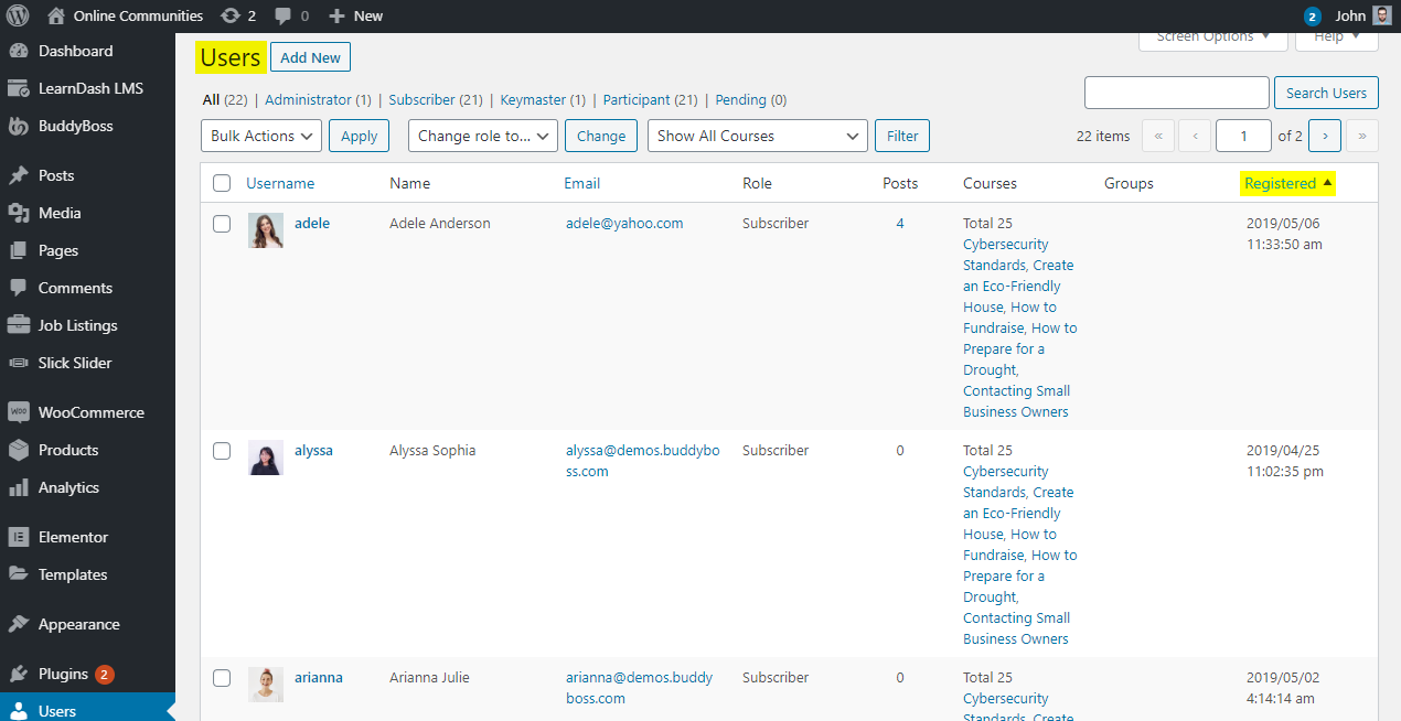 Recently Registered Registered Column On The Users Page | BuddyBoss Recently Registered Registered column on the Users page