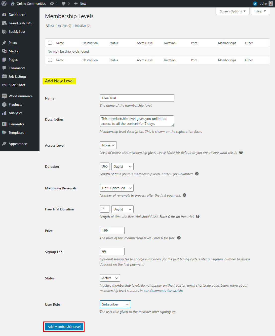 Restrict Content Pro  Creating a new membership level with a trial period