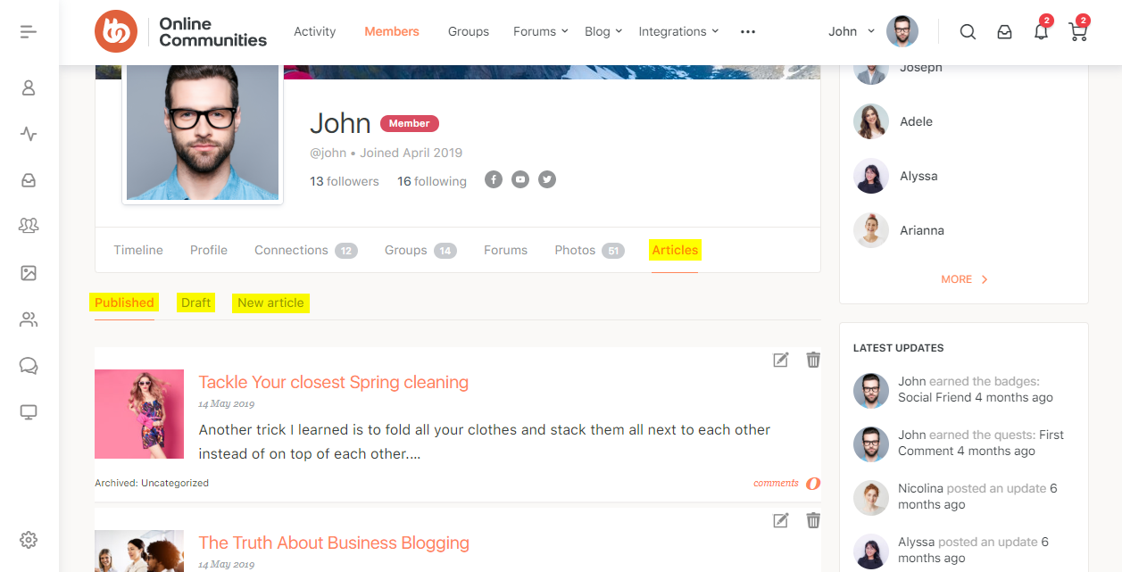 Social Articles   Articles tab on a user's profile
