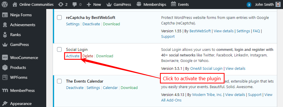 Social Login   Activating the plugin