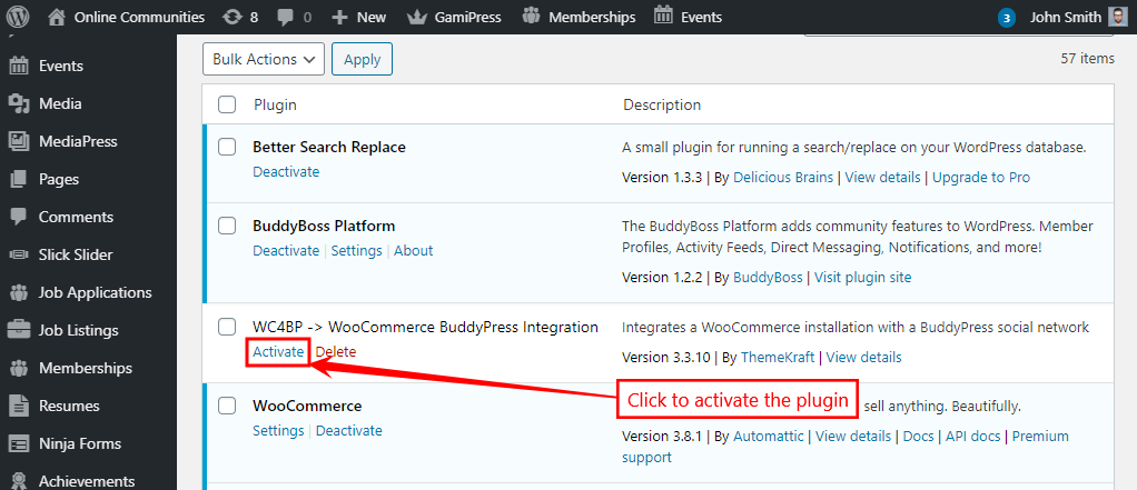 WC4BP   WooCommerce BuddyPress Integration   Activating the plugin