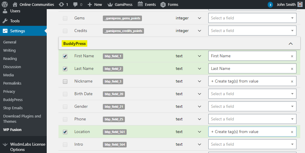WP Fusion   Mapping BuddyPress fields to fields in the CRM
