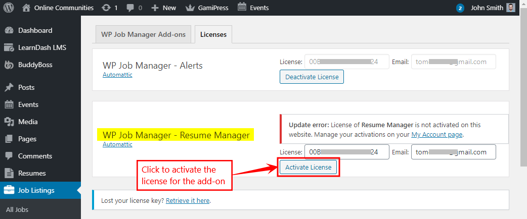 WP Job Manager   Resume Manager   Activating the license