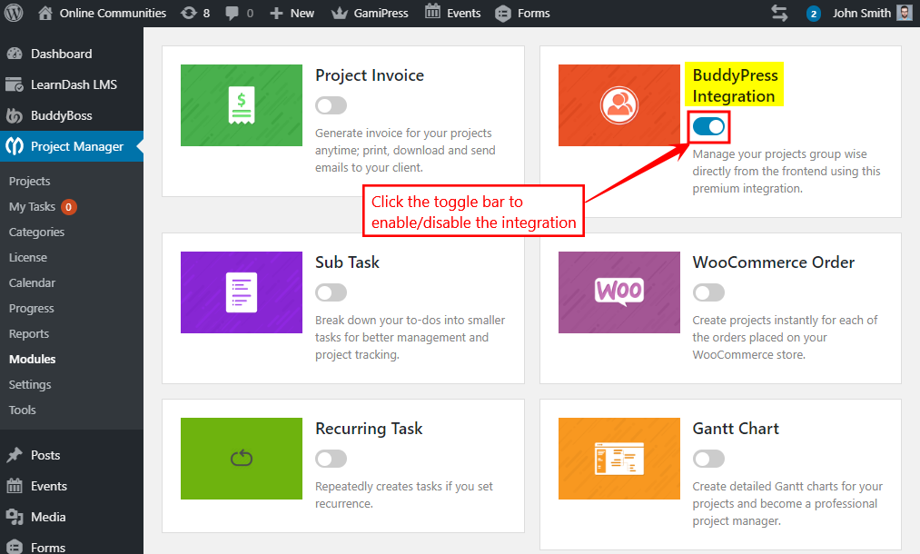 WP Project Manager   BuddyPress Integration   Activating the integration