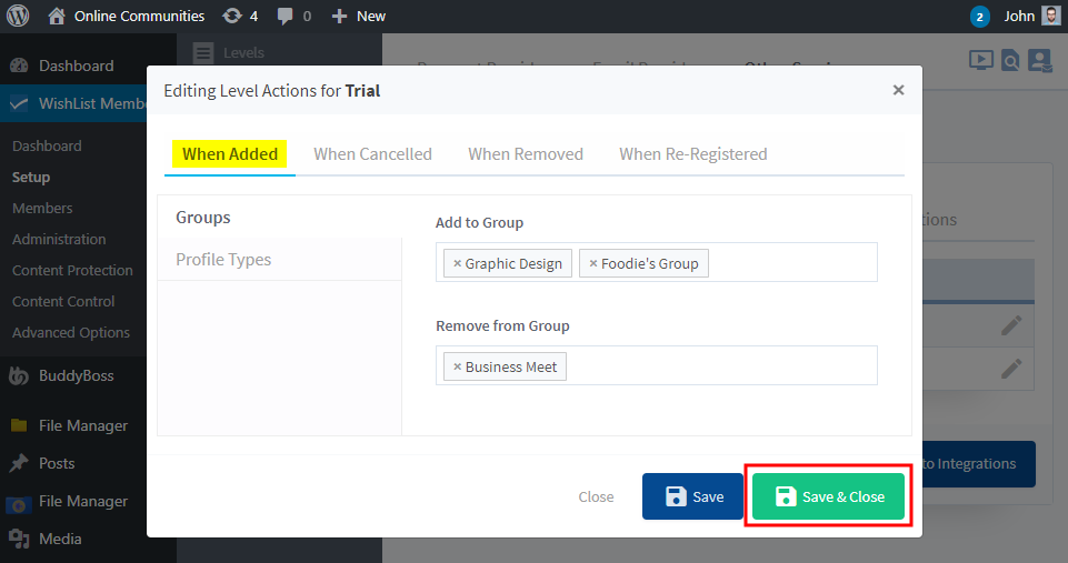 WishList Member   BuddyBoss Integration   Configuring BuddyBoss Platform actions