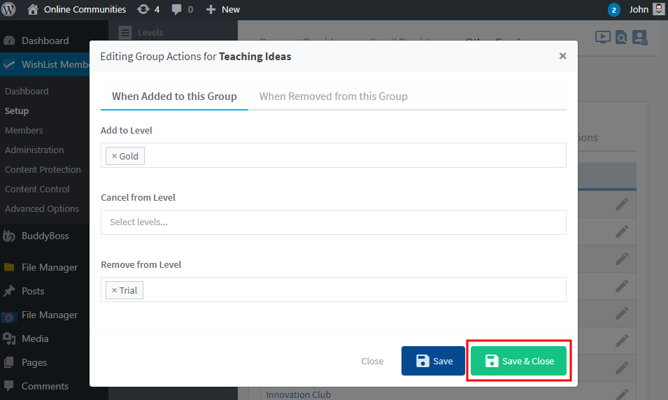 WishList Member   BuddyBoss Integration   Configuring Group actions