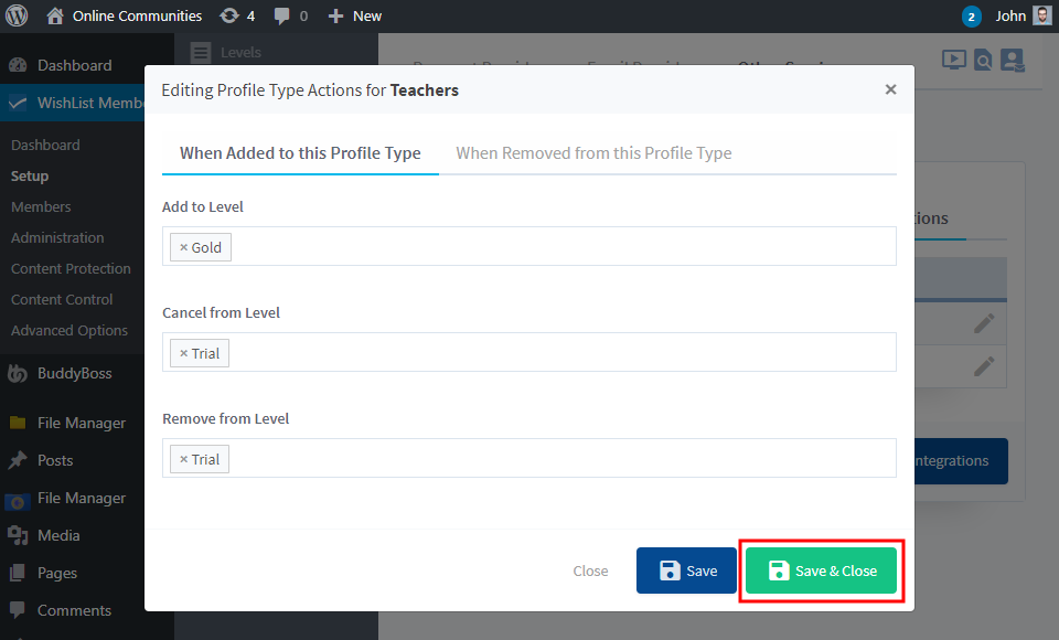 WishList Member   BuddyBoss Integration   Configuring Profile Type actions
