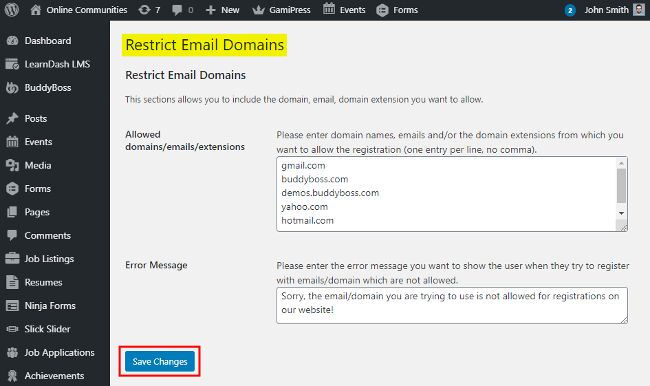 WordPress Restrict Email Domains   Setting up the plugin