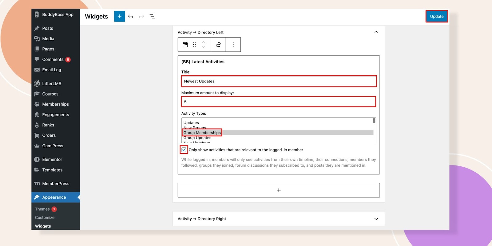 This screenshot shows how the latest activities widget can be configured