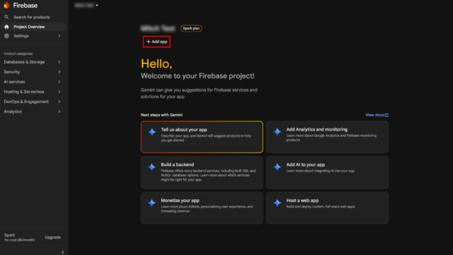 Firebase Console Project Overview with an highlighted Add app button on dark dashboard