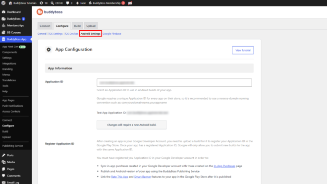 WordPress admin dashboard showing BuddyBoss App settings with Android Settings tab selected and App Configuration panel visible