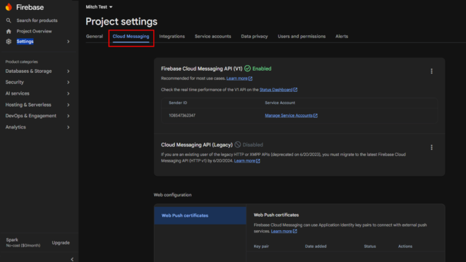Firebase console Project Settings page with Cloud Messaging tab selected and left navigation visible Mitch Test