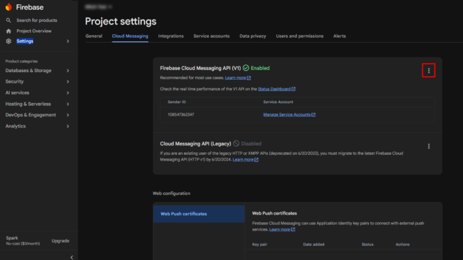 Firebase console Project Settings Cloud Messaging tab with enablement status and a vertical ellipsis menu on the right