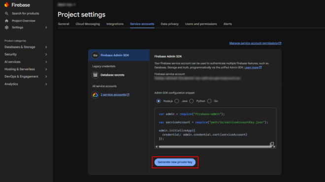 Button to generate a new private key for the service account in Firebase Admin SDK settings