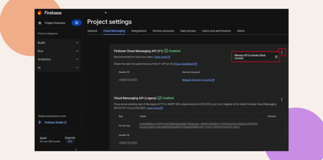 Screenshot of the Firebase Project settings page showing the Cloud Messaging tab with two API versions listed The Manage API in Google Cloud Console link is highlighted with a red box