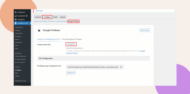 A dashboard interface shows the Configure tab with Google Firebase selected The page displays a Firebase Admin Key section and an Update it link highlighted in a red box