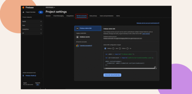 Screenshot of the Firebase consoles Project settings page showing the Service accounts tab A code snippet and options for Firebase Admin SDK and private key generation are visible The interface has a dark theme