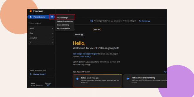 A screenshot of the Firebase consoles homepage in dark mode with the Project settings option highlighted under the Project Overview dropdown menu on the left sidebar