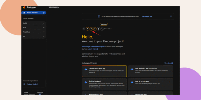 A screenshot of the Firebase dashboard with a yellow arrow pointing to the web platform icon highlighting steps to add a web app to a Firebase project The dashboard is in dark mode