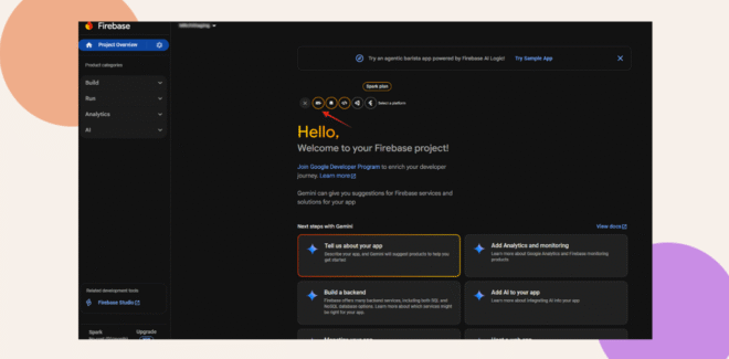 Screenshot of the Firebase console with a dark theme showing the project overview page Hello is highlighted in orange and there are options to build run and analyze on the left sidebar Various setup tips are displayed
