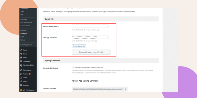 A computer screen displays a web page with a section outlined in red for entering Release App Bundle ID and Test App Bundle ID including text fields and a Refresh Bundle IDs button Navigation menu is on the left