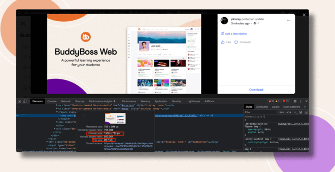 A computer screen shows a browser window with BuddyBoss Webs homepage a Facebook like post interface and Chrome Developer Tools open at the bottom highlighting CSS styles and HTML elements