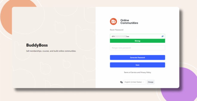 Screenshot of a BuddyBoss reset password page The left side shows the BuddyBoss logo and text Sell memberships courses and build online communities The right side displays password reset fields and blue action buttons