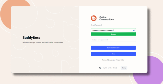 Screenshot of a BuddyBoss login page with the option to reset a password The left side promotes BuddyBoss features while the right side displays fields to enter and save a new password along with language settings at the bottom