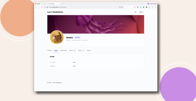 A computer screen displays a profile page for the user learanz on a website The background is beige with orange and purple circles The profile page shows a purple header image and a circular animal avatar